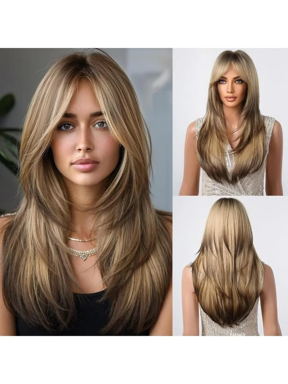 Ombre Brown Blonde Long Straight Wig with Bangs | Heat Resistant Synthetic Hair